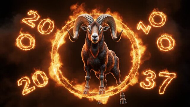 Aries zodiac sign with flaming numbers surrounding a powerful ram in a celestial representation of the constellation and its symbolic meaning