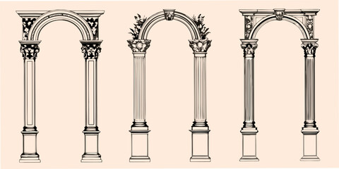 Fototapeta premium Ornate archway illustrations with columns detailed line drawing
