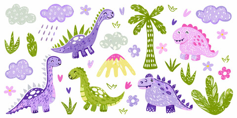 colorful dinosaur illustrations with plants and flowers on white background © ShibuProsad