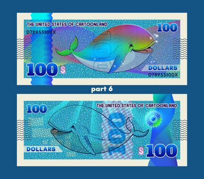Beautiful vector cartoon banknote. Obverse and reverse. Cheerful, cute whale toon. Colorful 100 dollars bill. Guilloche, security mesh and hologram. One hundred. Blue sea fauna. Game coupon. Part 6