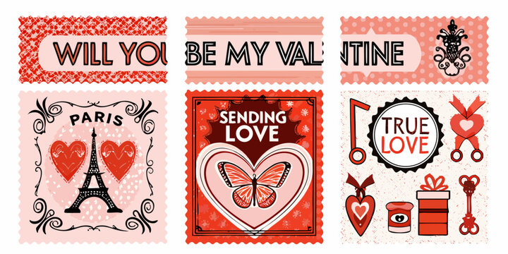 Vintage valentine postage stamps with romantic messages and illustrations
