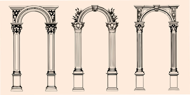 Ornate archway illustrations with columns detailed line drawing