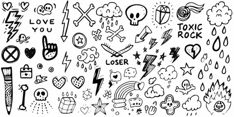 punk rock graffiti doodles and symbols on white background © ShibuProsad