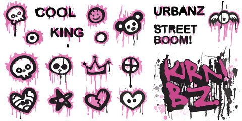 Urban street art sticker set with skulls hearts and graffiti lettering © ShibuProsad