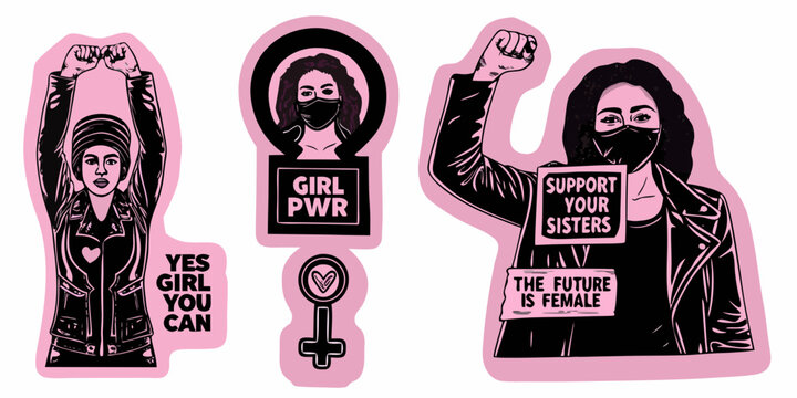 Feminist sticker set with empowering slogans vector illustration