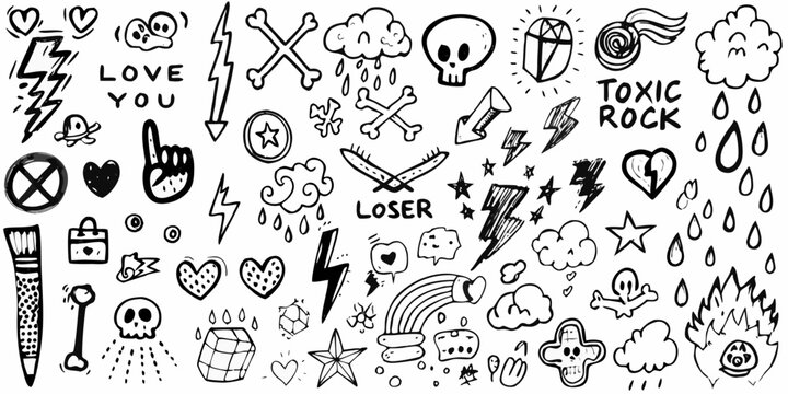 punk rock graffiti doodles and symbols on white background
