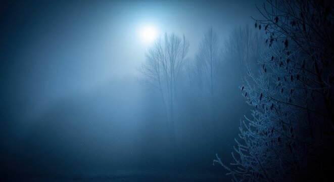 Eerie, atmospheric view of a deep, misty late autumn night, showing the deep cold and silence of the transition into winter, wet, late fall, evocative