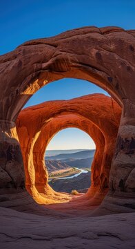 Grand stone arches frame a sweeping natural vista, emphasizing the monumental scale and enduring strength of the landscape architecture and natural elements, vista, landscape, permanent