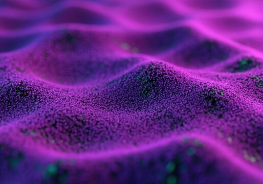 Macro perspective showing bizarre, luminous purple grains forming miniature dunes, suggesting an absolutely alien landscape or unusual geological anomaly, deep color, surreal, texture