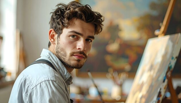 Joven artista mirando a c&aacute;mara junto a un lienzo en un estudio de pintura con ambiente creativo y luz natural