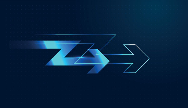 The Shimmering blue arrows surge forward, representing the high-speed nature of increasing market value in Finance. Business graphic features jagged paths moving forward