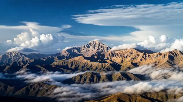 Aerial tracking pan slow motion of mountain range with clouds rolling over peaks and valleys in alpine sunrise sky