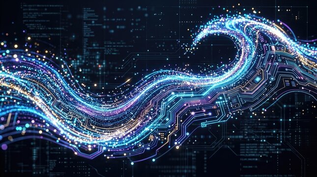 A futuristic, digital wave of light and data flowing through a complex, circuitry-based network.