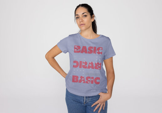 T-shirt Worn by Woman in Studio Setting. PSD template mockup.
