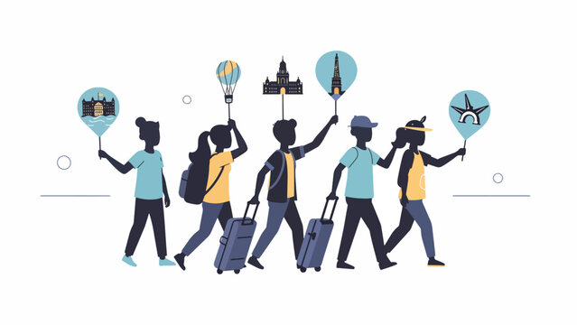 People walking with travel accessories.
