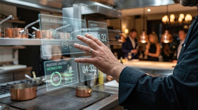 Chef&rsquo;s hand controlling floating smart kitchen recipes, ingredient analytics and cooking timers, luxury restaurant background, Generated by AI
