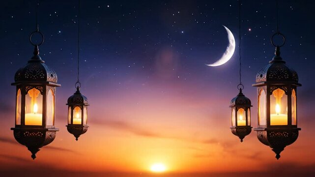 Beautiful Ramadan lantern decorations with lit candles hanging under a crescent moon with starry night sky