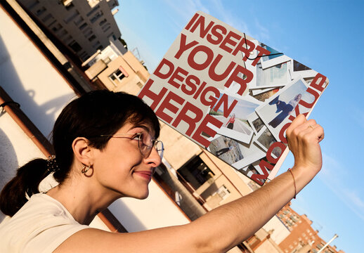Woman Holding document Folder. PSD template mockup.