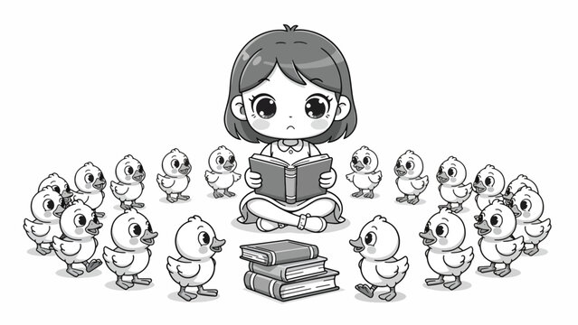 Little girl reading to baby ducks.