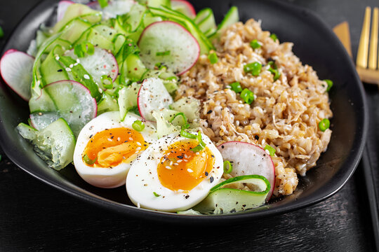 Healthy Meal with Egg Salad and Grains Macro Shot