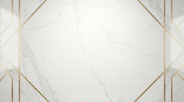 A white marble background with gold geometric patterns.