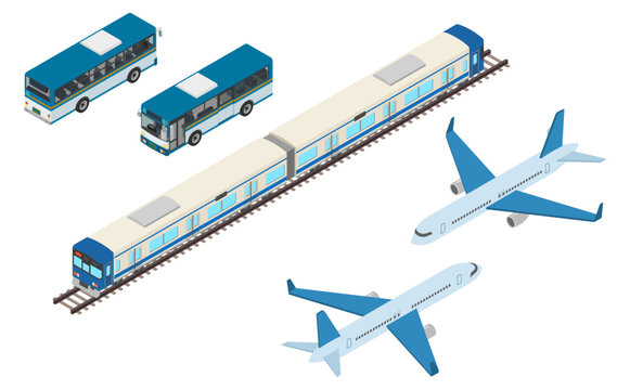 アイソメトリックイラスト：バスと電車と飛行機