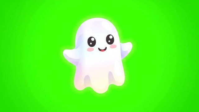 Cute cartoon ghost animation with a happy smile against a bright green screen background for video editing use