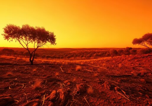 Dry native bushland under harsh midday sun, featuring eucalyptus scrub and arid earth stretching to the distant horizon, rugged, nature, native