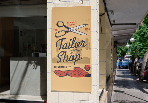Info Panel for Storefront on Busy City Street. PSD template mockup.