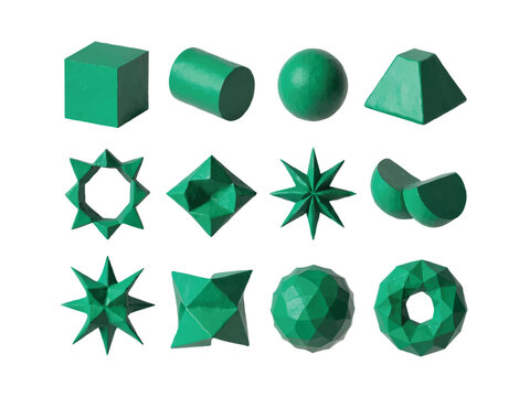 Green geometric shapes collection including cube cylinder sphere pyramid and star polygon isolated on white background