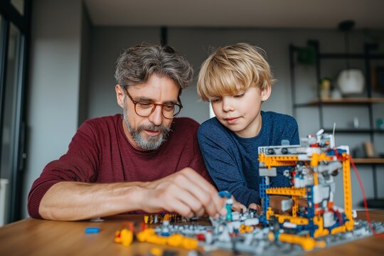 A man and a boy build a detailed LEGO construction together, sharing a focused and joyful moment at a table indoors.
