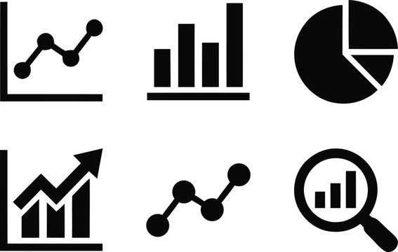 Data visualization icons: line graph bar chart pie chart scatter plot magnifying