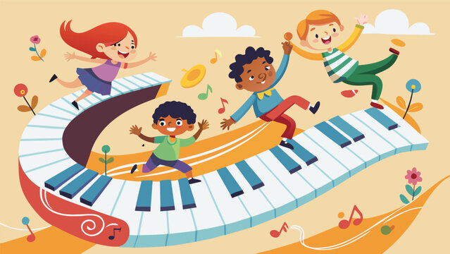 Musical Jamboree: A joyful illustration captures the lively spirit of childhood as diverse children frolic and dance on a whimsical piano keyboard. A symphony of friendship and melodic exploration.