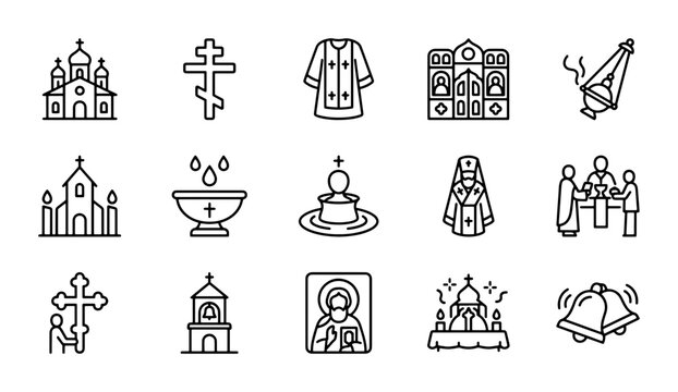 Orthodox Christian Icons, Vector Set: Churches, Crosses, Baptism, Vestments, Bells