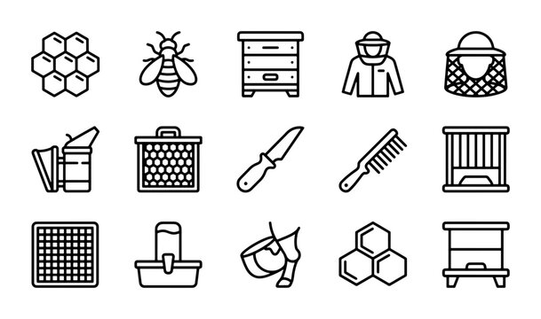 Beekeeping Icons Set: Honeycomb, Bee, Hive, Beekeeper Gear, Tools, Vector Graphics