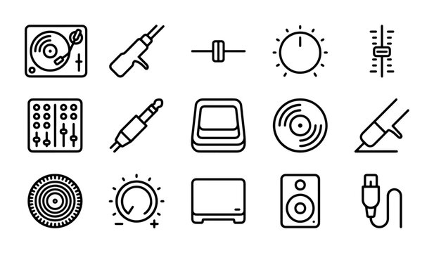 DJ Equipment Icons, Music Production Tools, Audio Gear Set, Vector Graphics