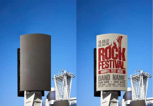 Mockup of L.A. vertical billboard LED curve screen Against Blue Sky