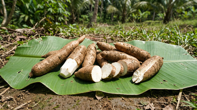 Fresh cassava roots displayed on banana leaf with natural sunlight. Perfect for tropical food, organic produce, culinary, and traditional ingredient themes.