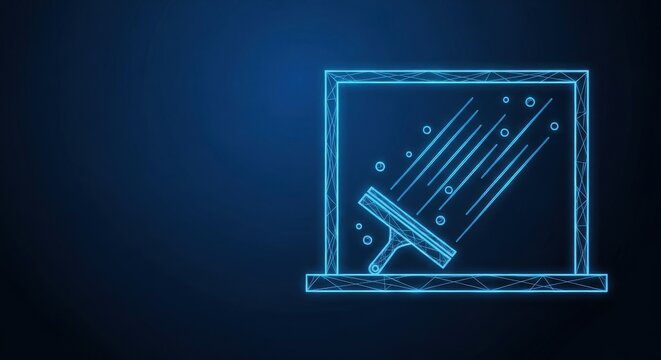 Window cleaning squeegee service with sparkling bubbles on a blue abstract digital background