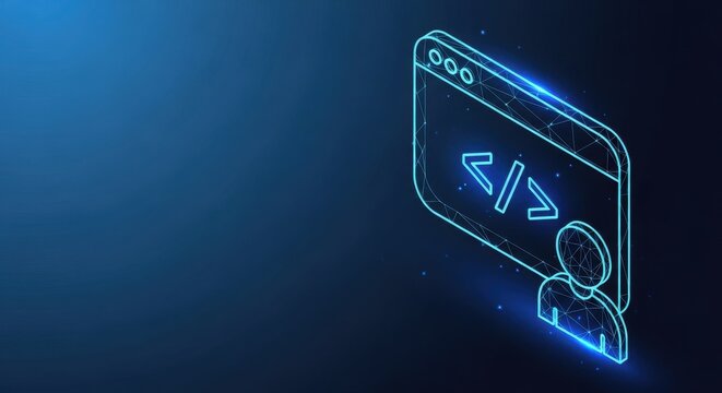 Digital Code Window Displaying Programming Symbols on a Futuristic Dark Blue Background