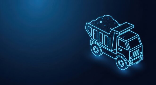 Glowing Neon Outline of a Mining Dump Truck Loaded with Material on a Dark Blue Background