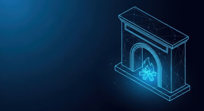 Modern digital fireplace illustration with glowing blue flames and geometric wireframe structure on a dark blue background