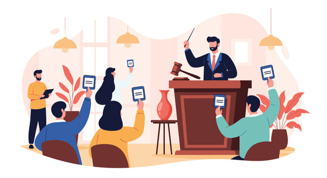 Professional auctioneer conducting a public sale from a podium with bidders in the audience raising their paddles for an item.