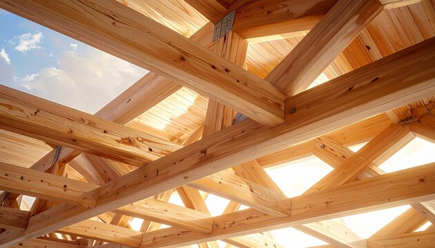A detailed wooden truss ceiling with interlocking geometric beams, symbolizing architectural precision, craftsmanship, and structural harmony.
