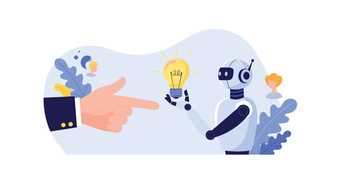 Large human hand pointing towards a robot holding a glowing light bulb, representing artificial intelligence and innovation.