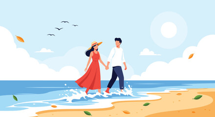 Obraz premium Young romantic couple holding hands and walking barefoot along the sandy beach shoreline on a beautiful sunny summer day.