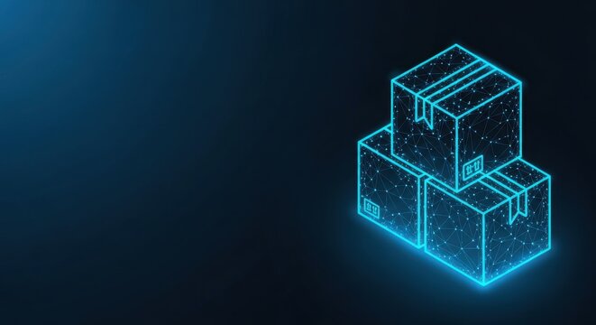 Digital wireframe illustration of stacked shipping boxes on a dark blue abstract background representing logistics and delivery.
