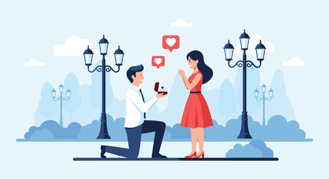 Young man kneeling and proposing with an engagement ring to a surprised woman in a beautiful park with street lights and trees.