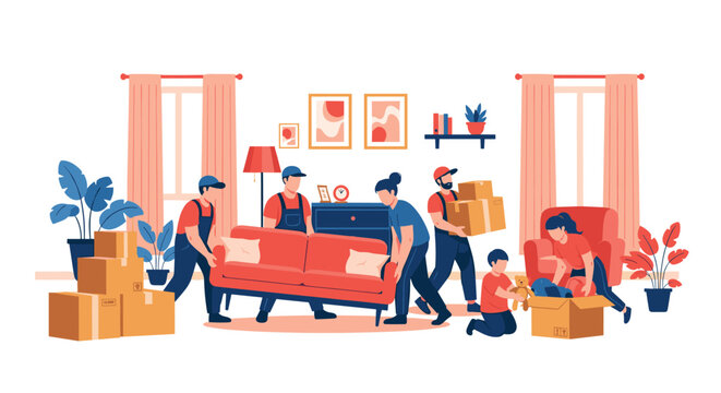 Team of professional movers helping a family relocate by carrying a red sofa and boxes in a new furnished apartment.