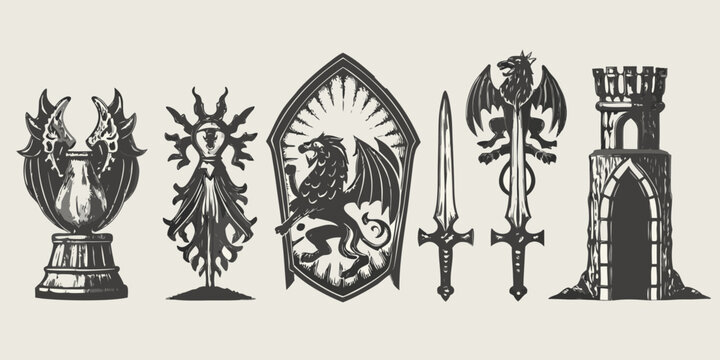 medieval heraldry silhouettes row of fantasy emblems and castle elements